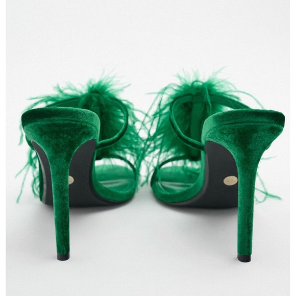 ZARA Feathered Velvet Heeled Sandals - Picture 5 of 5